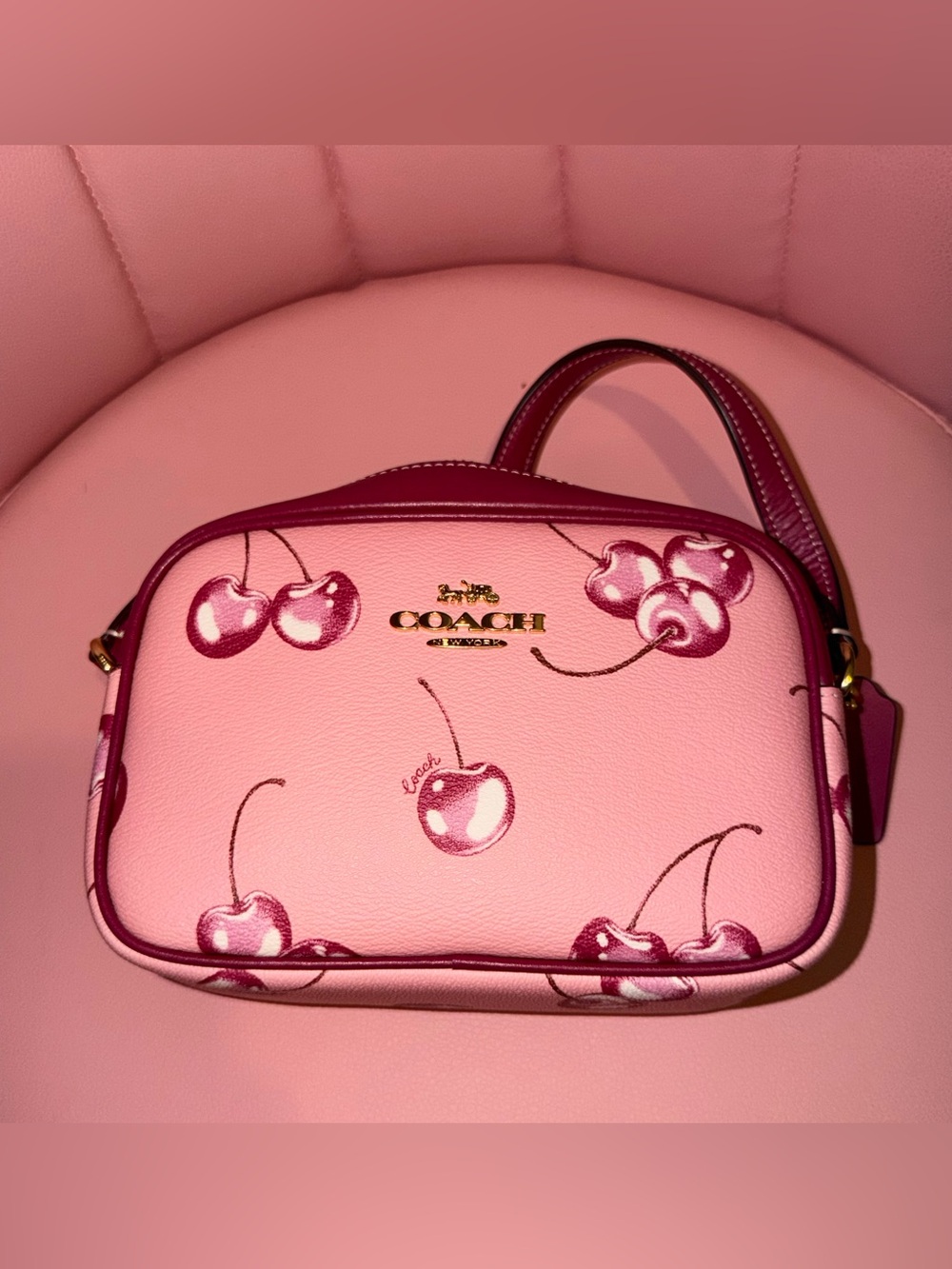 Coach Pink Cherry Print Pebbled Leather Crossbody Bag